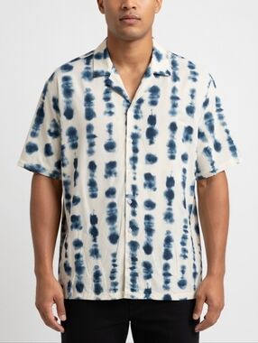 Men's XL Cream/Blue Tie-Dye Short Sleeve Button-Down Shirt